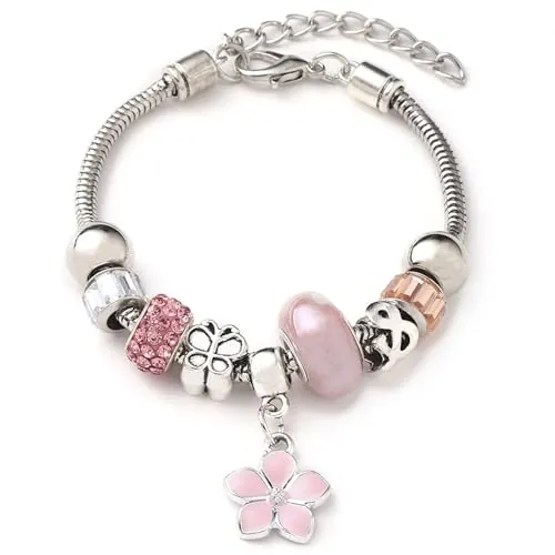 ARROMI Pulsera de Abalorios Ajustable para Niñas, Pulsera de Dijes y Cristal Brillante, Regalo (Rosa), M, Sintético