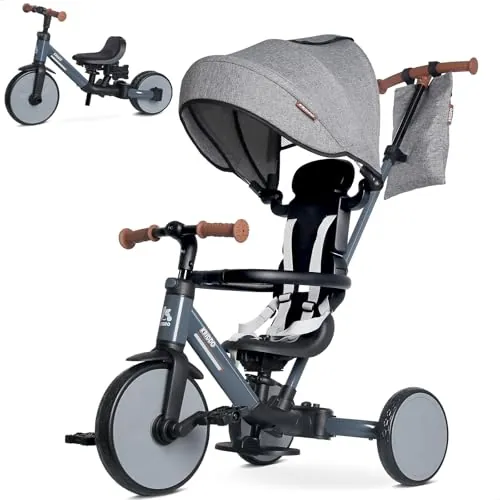 KRIDDO Triciclo Evolutivo 8 en 1 para Niños de 18 Meses a 5 Años, con Barra de Empuje, Triciclo y Bicicleta con o sin Pedales, Arnés de 5 Puntos Mejorado, Capota Plegable y Bolsa, Gris