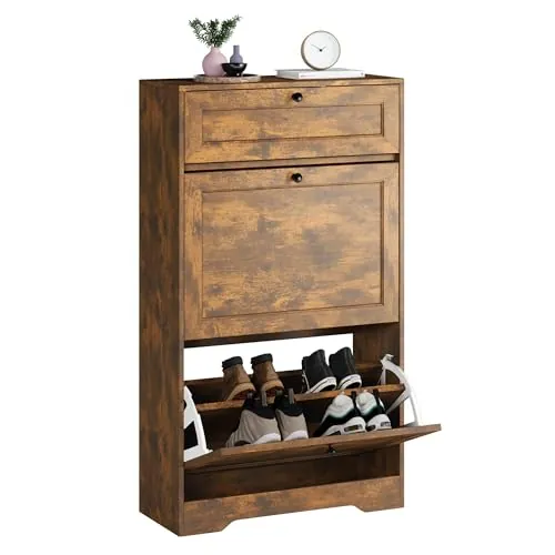 Xbro Mueble Zapatero Estrecho, Zapatero Entrada Recibidor de Madera con 2 Puertas Abatibles y Cajones,12 Pares de Zapatos, 60×25×102cm Retro