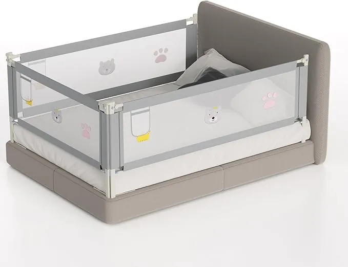 1x180CM+2x200CM Barrera Seguridad Niños Cama, Altura Regulable 70-98cm, Barrera Cama niños con protección contra caídas, Barandilla Cama niño Plegable, Fácil de Montar, Acabado Gris Bordado