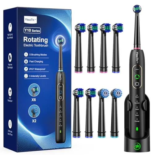 Cepillo de Dientes Eléctrico de Rotación para Adultos - Cepillo Eléctrico 3 Intensidades, 5 Modos, 8 Cabezales, IPX7 Impermeable, Cepillo Dientes Electrico Viaje Recargable, Negro Profundo