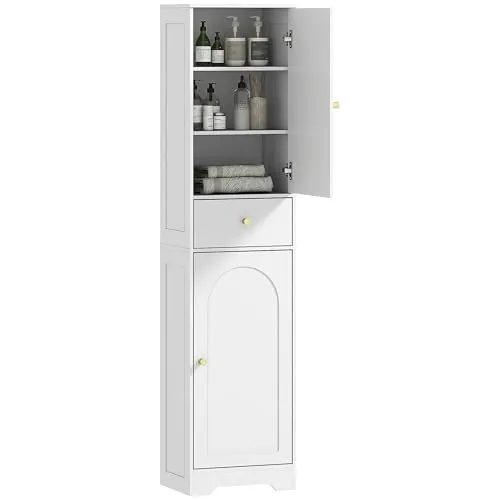 HOMCOM Armario Alto de Baño Estrecho Cajón 40x29,5x170 cm Blanco Veteado