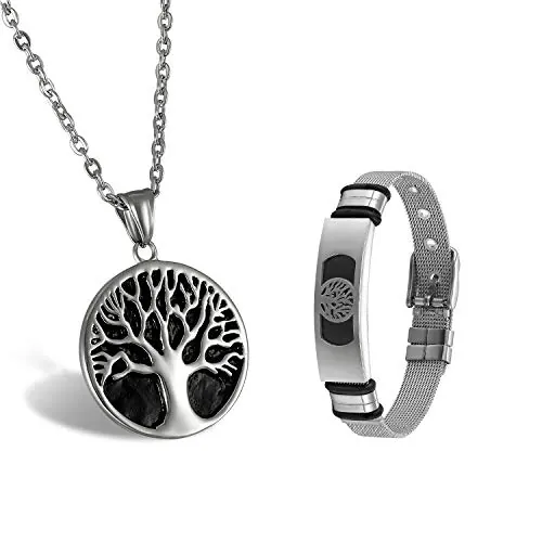 Aroncent Pulsera Ajustable Brazalete Chulo Collar Militar de Acero Inoxidable Colgante Árbol de Vida Punk Rock Juego de Joyería para Hombre Mujer Pareja, Negro Plata – 2PCS