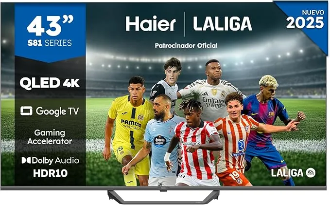 Haier QLED 4K UHD H43S81FUX - 43", Smart TV, Google TV, Dolby Audio, HDR 10, Smart Remote Control, Google Assistant, Bluetooth 5.1, 60Hz, USB 2.0, DBX TV, HDMI 2.1 x 4, Sin Marcos, 2025