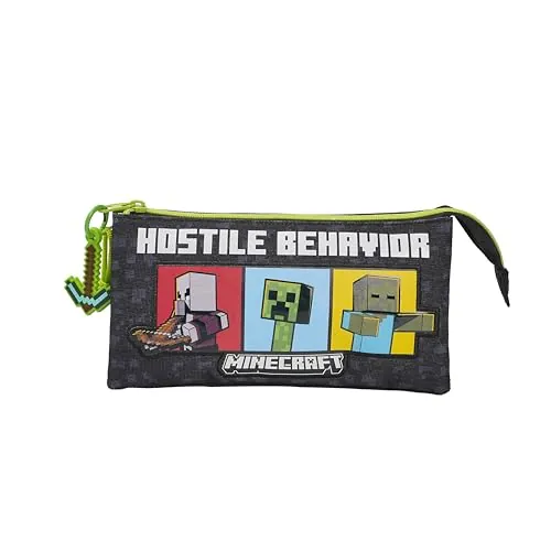 CYPBRANDS- Minecraft, Estuche Triple, Portatodo, 5 Compartimentos, Material Escolar, Color Negro, Producto Oficial