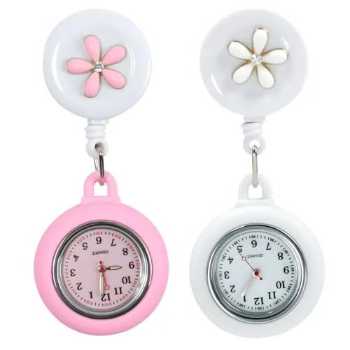 NIRJIK 2pcs Relojes de Enfermera, Relojes Retráctiles para Enfermería, Reloj Enfermera con Clip y Funda de Silicona, Relojes de Bolsillo Brillan en la Oscuridad, para Clínicas y Uso Diario