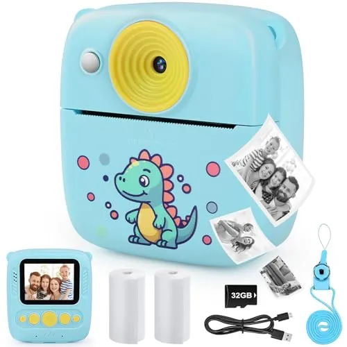 Dhapy Camara Fotos Infantil Instantanea, Cámara De Fotos Infantil De 48 MP con Papel De Impresión Y Tarjeta TF De 32 GB, Camara Fotos Instantaneas 1080P, Regalo Niños Y Niñas De 3 4 5 6 7 8 Años Azul