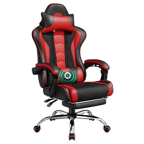 Yaheetech Silla Gaming con Masajeador Silla Oficina con Reposapiés Rojo