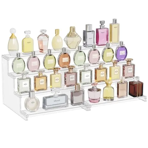 Lifewit Expositor Perfumes, Estante Perfumes Verticales de Plástico, Expositor Metacrilato Pedestales de Exhibición para Figuras Pop, Magdalenas, Cosmético, 4 Niveles, 2 Paquetes, 30 cm