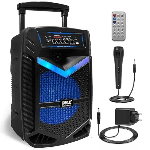 Pyle Sistema de Altavoces, PA, 800W, Bluetooth, portatil, Recargable, Exteriores, subwoofer de 12”, Tweeter de 1”, función de grabación, micrófono, Luces de Fiesta, Radio USB/SD, Color Negro