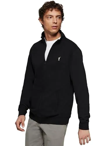 Polo Club Sudadera con Cremallera sin Capucha Negro para Hombre - 100% Algodón - Zipper Sweatshirt con Logo Bordado