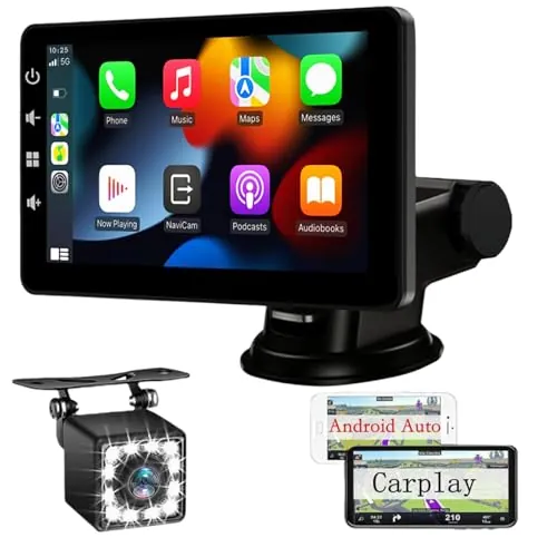 Pantalla Coche con CarPlay y Android Auto Inalámbrica - Pantalla Carplay de 7 Pulgadas con Mirror Link - Portátil Radio Coche con Asistencia de Voz/FM/AUX/Cámara Trasera