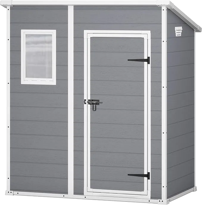 Keter Manor Pent 4X6 - Caseta de jardín, 183,5x111x200,5 cm y 1,8m2, Suelo, Sistema de ventilación, Puerta y Ventana, Resistente al Agua, Color Gris