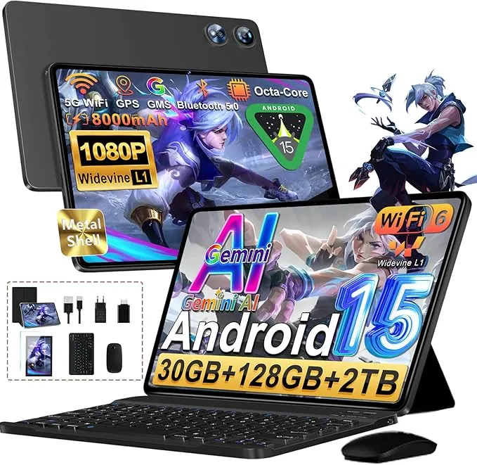 2026 Tablet Android 15, 128GB ROM+2TB TF, 30 RAM,10 Pulgadas Tablet táctil con Teclado y ratón,1280 * 800 IPS HD, Widevine L1, Gemini AI,2.4G/5G WiFi, Octa-Core, 5+8MP, BT 5.0, 8000mAh, Metálica,Negro