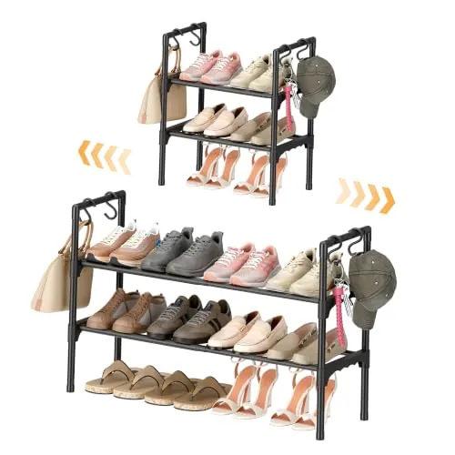 ENJOYBASICS Zapatero Extensible Metálico de 2 Niveles, 44-80 cm, Negro | Zapatero apilable, fácil de instalar, ideal para recibidor, pasillo o armario, ahorro de espacio, para 4‑8 pares de zapatos