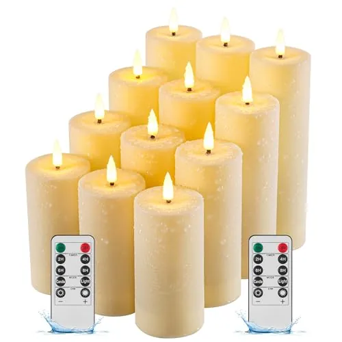Da by 12 Velas LED Marfil Impermeables, Llama Parpadeante Realista, 2 Mandos a Distancia, 4 Tamaños Surtidos D.5,5cm, Resistente Calor y Lluvia, Reutilizables para Interior y Exterior