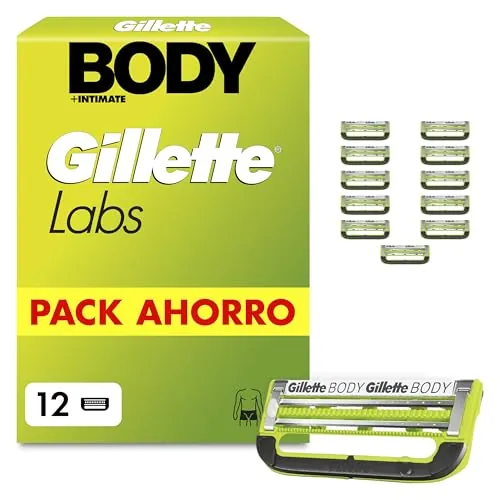 GilletteLabs Body + Intimate Cuchillas de Afeitar Cuerpo Hombre, Pack de 12 | Recambios de 2 Hojas, Banda Lubricante, Barra Anti-Vellos Enquistados Y Anti-Irritación, Depilación de La Zona Íntima Hombre