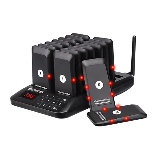 Retekess TD157 Sistema de Llamadas Restaurante, Avisadores Hosteleria, 500M, Fácil De Usar, Estabilidad de La Señal, Batería 300 mAh 20H, para Hotele, Pub, Hospitale (16 Buscapersonas)