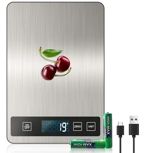 Balanza de cocina digital, báscula electrónica con puerto USB-C | alta precisión de 15 kg (1g/0.1oz), balanza profesional para alimentos con función de retención (Hold), baterías incluidas