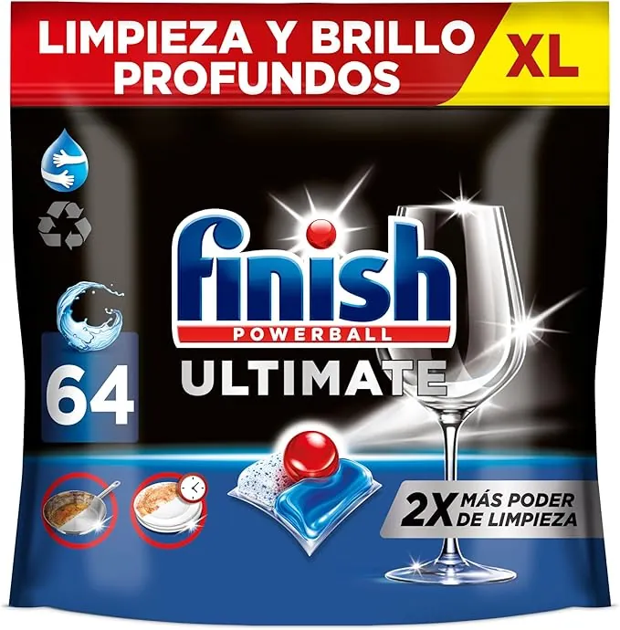 Finish Powerball Ultimate All in 1 Pastillas para el lavavajillas, eficaz contra manchas resecas, 64 pastillas