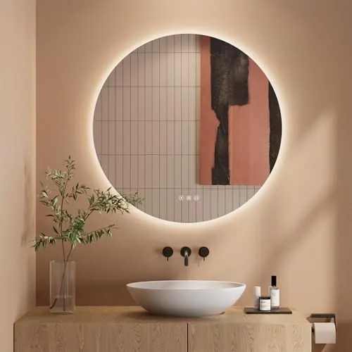 Dripex Espejo Baño con Luz LED, Redondo 70cm Baño Iluminado con 3 Colores de Luz Regulable, Función Antivaho, Vidrio HD con Protección Antiexplosiva, Interruptor táctil,IP44 Impermeable
