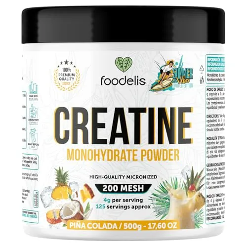 Foodelis Creatina Monohidratada en Polvo 500 g – Sabor Piña colada – 100% Creatina Micronizada – Alta Pureza – Sin Aditivos – Vegana – Alta Solubilidad – Incluye Dosificador