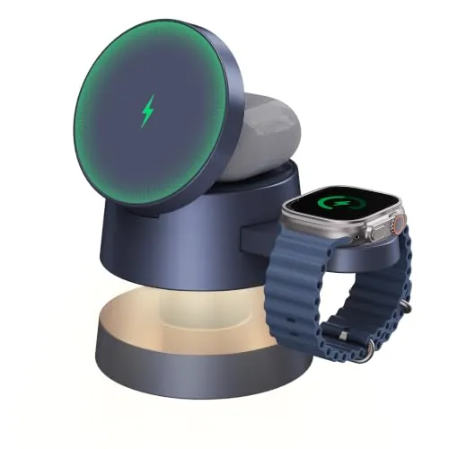 iVANKY Cargador Inalámbrico Magnetico 3 en 1 Estacion Base de Carga Rapida para Apple Watch AirPods Magsafe iPhone 18 Pro/ 18 Pro Max/17/16/15/14/13/12 4 in 1 Wireless Charger con Lámpara de Noche