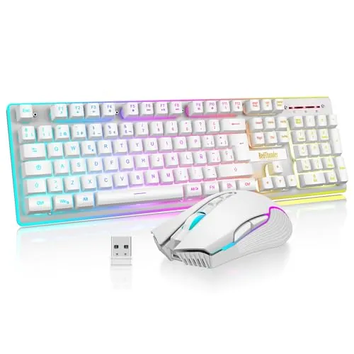 RedThunder K10 Teclado Gaming Sensación Mecánico Inalámbrico,Retroiluminación RGB,Batería Recargable de 3800 mAh, Anti-ghosting+Ratón 7D 3200DPI,Disposición ES,para PC/PS5/Xbox-Blanco