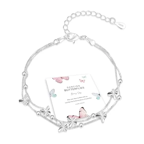 XOEMEL Pulsera de plata 925 para mujer, mariposas, pulsera de oro rosa para mujer con perlas, pulsera ajustable en capas, pulseras de la amistad, regalos para mujeres, 17,7 pulgadas, 1 cm x 1 cm x 1