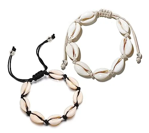 Only faith 2 Tobilleras ajustables tejida de conchas naturales de mar BLANCA Y NEGRA para Playa y Verano Pulsera de tela con caracoles De Tobillo para Mujer Hecho a mano (Blanca y Negra)