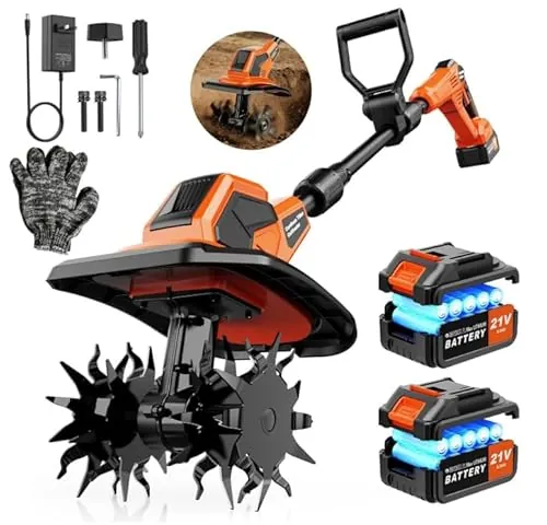 Motoazada Inalámbrica 600W, 21V Motocultor Eléctrico,Motozappa con 2 baterías de 3000 mAh, 23cm de Ancho Trabajo, 17cm de Profundidad, Mango Ajustable, sin escobillas, 400 RPM, motoazada para Suelos