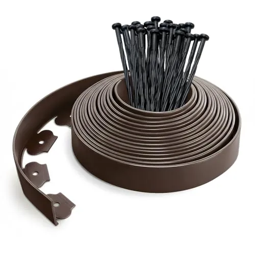 VOUNOT® Borde Jardín, Césped Borde, Flexible de Plástico, Longitud 10 m, Altura 5 cm, con 30 Clavijas, Marrón