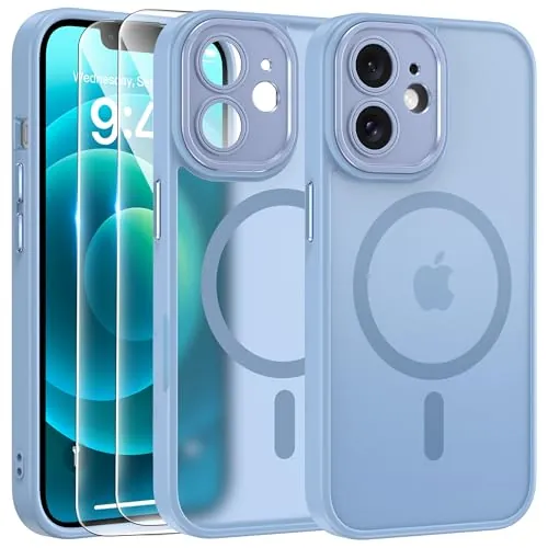 FLLAO Funda para iPhone 12, Compatible MagSafe, con 2 Piezas Protector de Pantalla Cristal Templado, [Protección de Cámara] Magnética Carcasa Translúcida Mate Trasera Fina Antigolpes, Azul