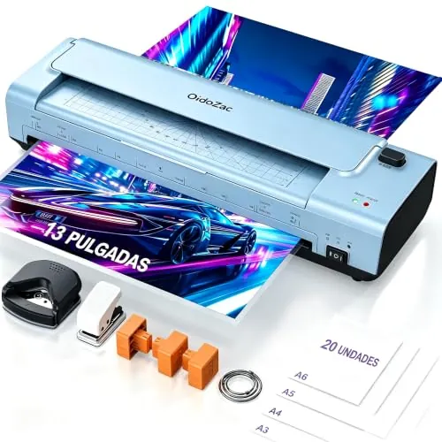 Máquina plastificadora A3 y A4, laminadora 10 en 1 con guillotina, 20 hojas, ABS antiatascos frío y caliente, ideal para plastificar en casa (fotos), oficina (documentos), escuela y negocios, Azul.