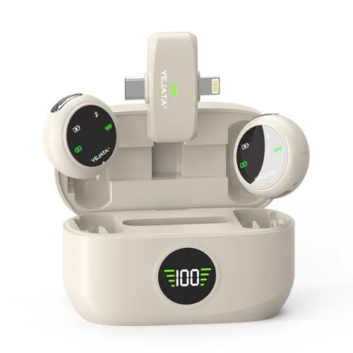 YEJATA Micrófono de Solapa inalámbrico de Doble Interfaz para iPhone y Android | Alcance de 25 m, Estuche de Carga de 40 h, cancelación de Ruido DSP | Minimicrófono para Vlogs (Beige)