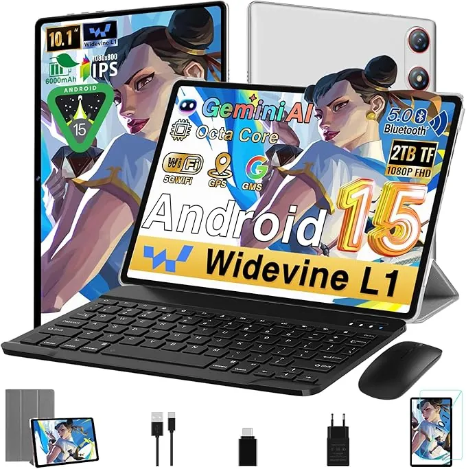 Tablet Android 15 10 Pulgadas 64GB ROM + 2TB TF, Gemini AI, Octa-Core 2.0Ghz, 1280*800 FHD IPS, Standby Extra Largo, 5G WiFi, Widevine L1, 5MP + 8MP, Face ID, GMS, tablet con teclado y raton, Plateado