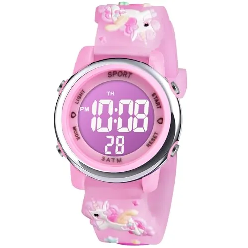 Vicloon Reloj Digital, Luz Intermitente LED de 7 Colores Pulsera Multifunción con Unicornio, para Niños de 3 a 12 años - Rosa
