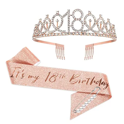 YongHang 18 Cumpleaños Chica Corona y banda Oro Rosa Decoracion Fajín y Tiara 18 Cumpleaños Regalos Birthday Girl Fiesta Decoración