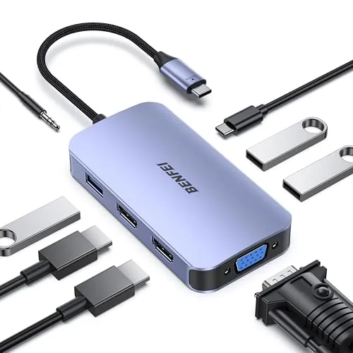 BENFEI Docking Station USB C, 8-en-1 Hub USB C con Triple Pantalla, Doble HDMI, VGA, 3*USB 3.0, Entrega de Potencia de 100W, Audio AUX de 3.5mm Compatible con MacBook Pro, XPS y más.