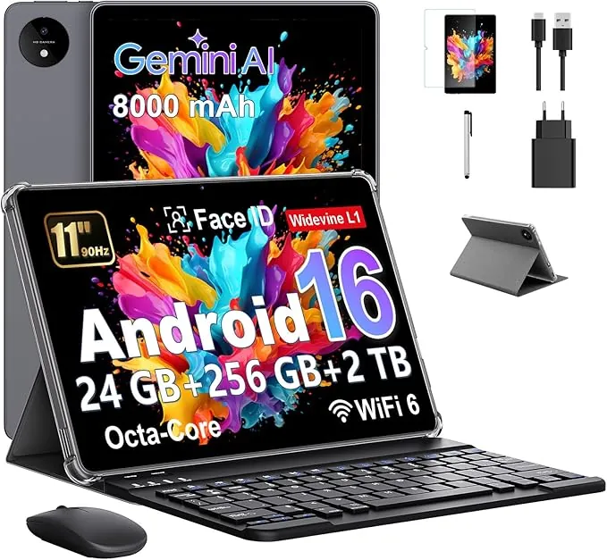 Tablet 11 Pulgadas en Gemini AI, Tableta Android 16 en Funda, Ratón & Teclado, Octa-Core, 24 GB RAM + 256 GB ROM + 2 TB TF, 1920x1200 Pantalla HD, 90 Hz, Cámara Doble 8MP + 13MP, 8000 mAh, Gris