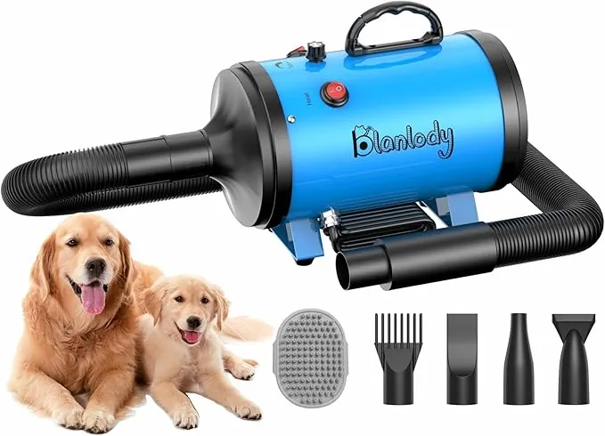 Secador de Pelo para Perros Blower Muy silencioso 4,5 CV / 3200 W Motor de Velocidad Ajustable, para el Cuidado de Perros con 4 boquillas Diferentes Manguera elástica y Cepillo de Cuidado