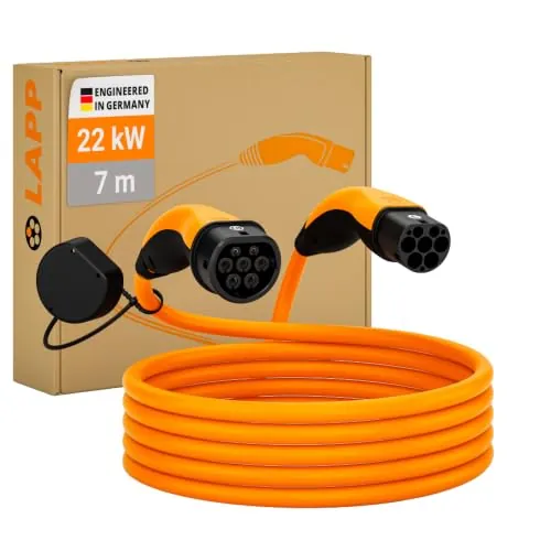 Lapp Mobility Cable Carga Coche Eléctrico Tipo 2, 22kW, 32A, Trifásico, Modo 3 - Cable de Carga Vehículo Eléctrico, Cargador EV, Portátil Cable Recarga Coche Eléctrico, 7m Naranja