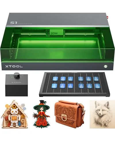 xTool S1 20W Grabadora Láser Kit con Sistema de Aire Inteligente y Panel de Nido de Abeja, Seguridad Cerrada, Enfoque Automático, 498 * 330mm, Cortadora para Metal, Madera, Cuero, Acrílico