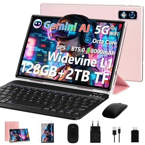 Último Tablet Gemini AI Android, Tablet 10 Pulgadas, 22GB+128GB/TF 1TB, Octa-Core 2.0GHz, 5G WiFi, Bluetooth5.0, 8000mAh Batería, 8MP+5MP, Widevine L1, GPS, Tablet con Funda, Teclado y Ratón - Dorado