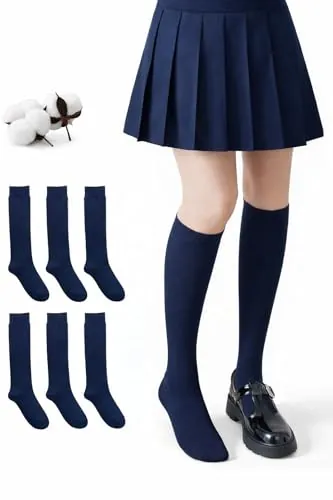 CYS Calcetines 6 Pares De Colegio Escolares Medias Largos Altos Algodón Hasta la rodilla Lisos Para Niñas Niños Infantiles unisex (TALLA 35-38, AZUL MARINO)