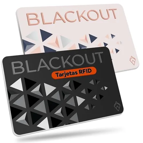 AKIELO Blackout Tarjeta Bloqueadora RFID – Tarjeta Antirrobo Ultrafina con Tecnología Faraday para Protección de Tarjetas Contactless – Blindaje para Carteras (Edición Negra y Blush – 2 Unidades)