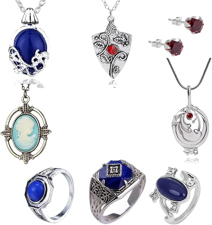 Juego de 19 collares con colgante de cristal de zafiro de Katherine de The Vampire Diaries Daywalking y 10 calcomanías de vampiro