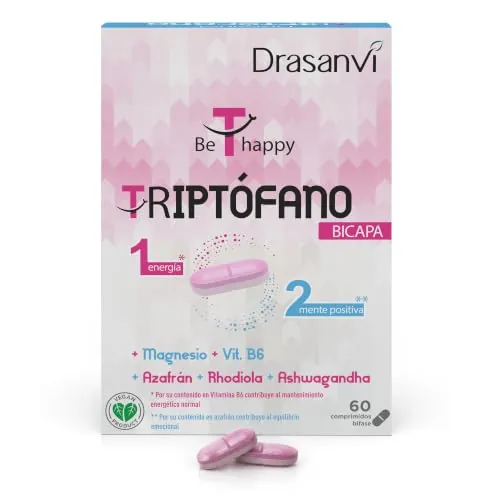 DRASANVI Triptófano Bicapa | para la Ansiedad, Cansancio e Insomnio | Capa lenta con Azafrán, Rhodiola y Ashawganda | capa rápida con Triptófano y Magnesio| 60 Comprimidos= 60 Días