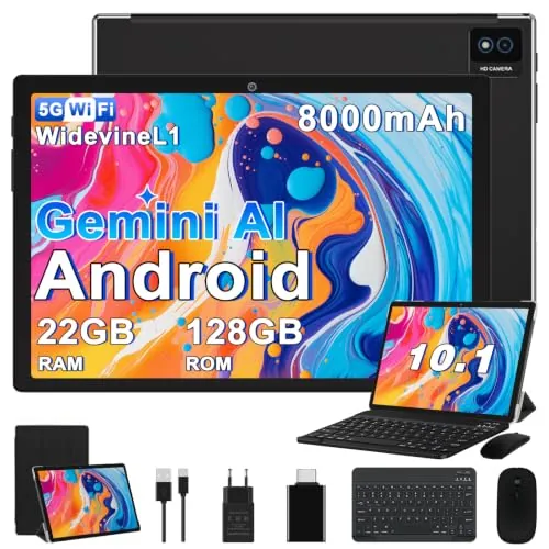 BIEGEDY 2026 Tablet 10 Pulgadas Gemini AI, Android 22GB RAM + 128GB ROM (TF 2TB), 8000mAh /Octa-Core 2.0 GHz/Widevine L1 / GMS / 5MP+8MP / 5G WiFi 6 / BT5.0 / GPS, Tablet con Teclado y Raton - Negro