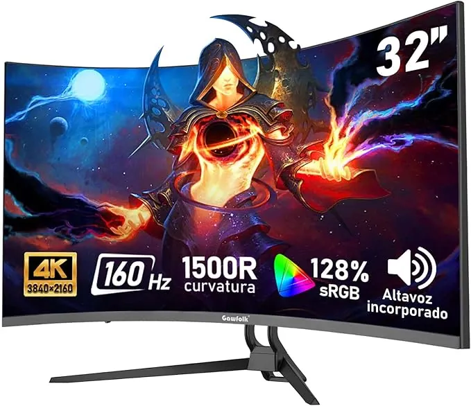 Gawfolk Monitor Ordenador Curvo 32 Pulgadas 4K Ultra HD 1500R, Pantalla Gaming 160Hz, 1ms, AdaptiveSync, 128% sRGB, Altavoces Integrados, HDMI 2.1, DisplayPort, Compatible con Montaje en Pared -Negro